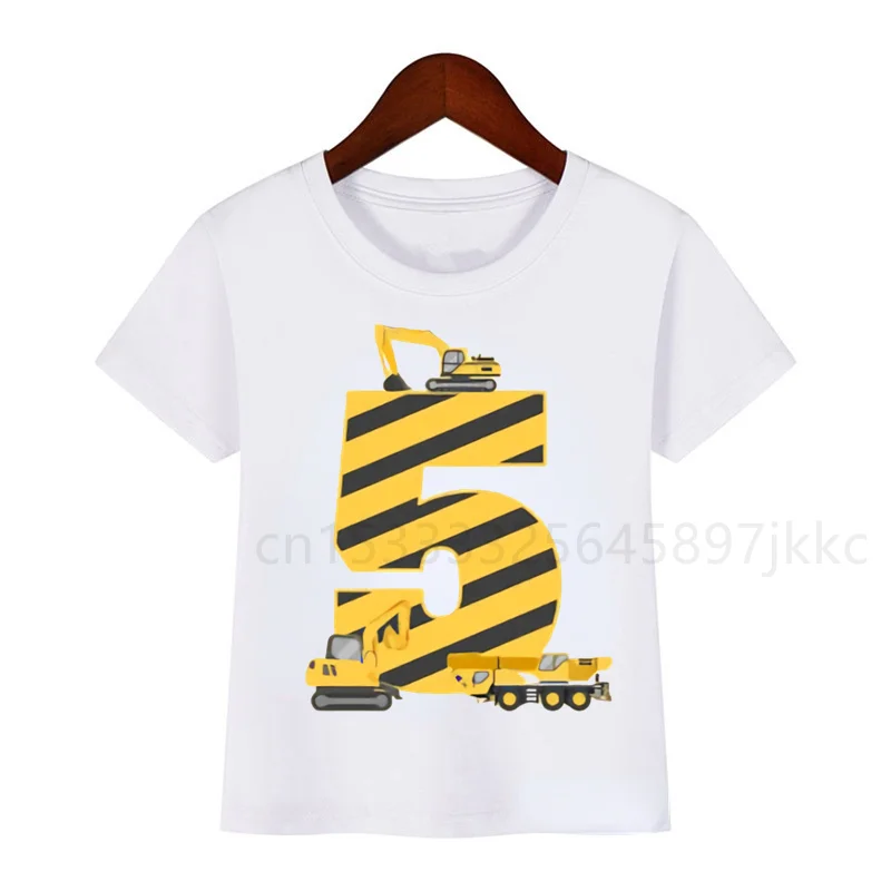 

Boys and Girls Cartoon Excavator Construction Truck Bulldozer Crane T-shirt Children's Birthday Number Funny Gift T-shirt