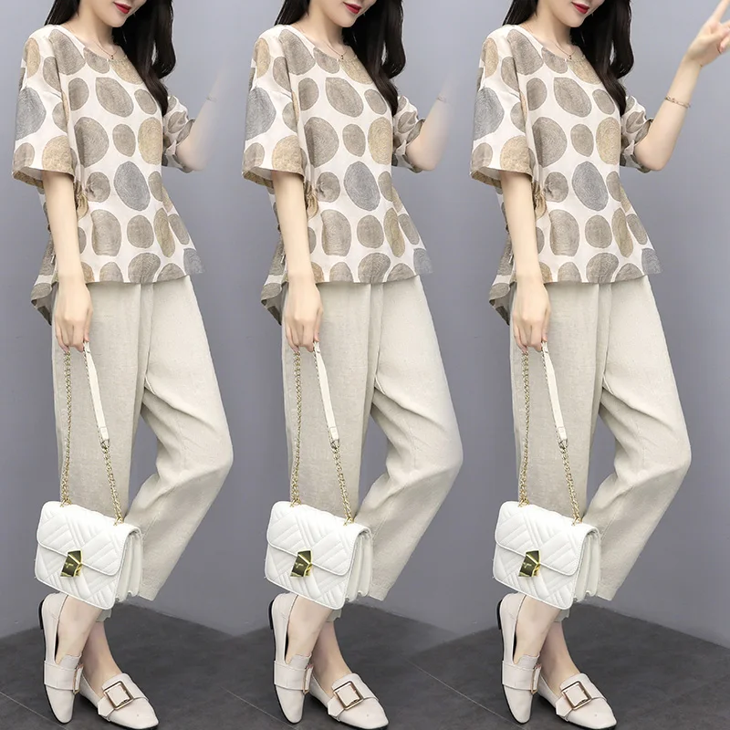 

Cotton and Linen Women Casual Set 2021Summer Short Sleeve Print Dot T Shirt and Pants Ladies Fashion Basic 2 Piece Set Plus Size