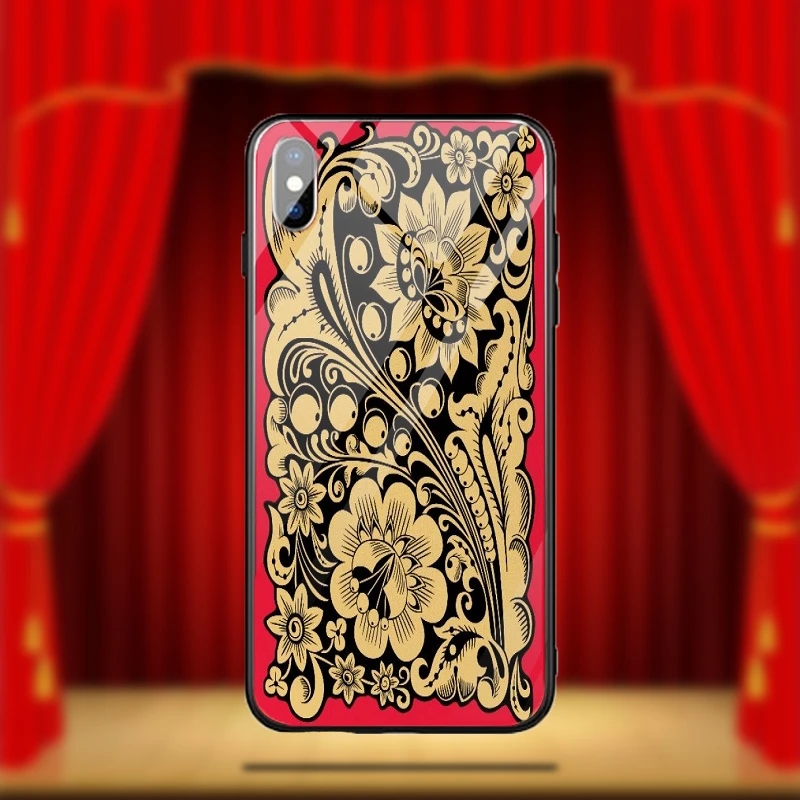 Phone Cases Cover for iPhone 8 7 6 6S Plus X XR XS 11 Pro Max Coque Bags Personalized Pattern Khokhloma Black Flower | Мобильные