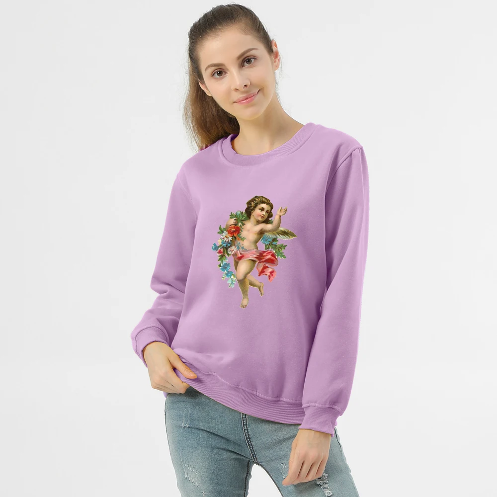 Cute Angel Baby Printed Vintage Style Sweatshirts Warm Pullover Women Fashion Aesthetic Graphic Hoodies Womens Sweetshirts Hoody