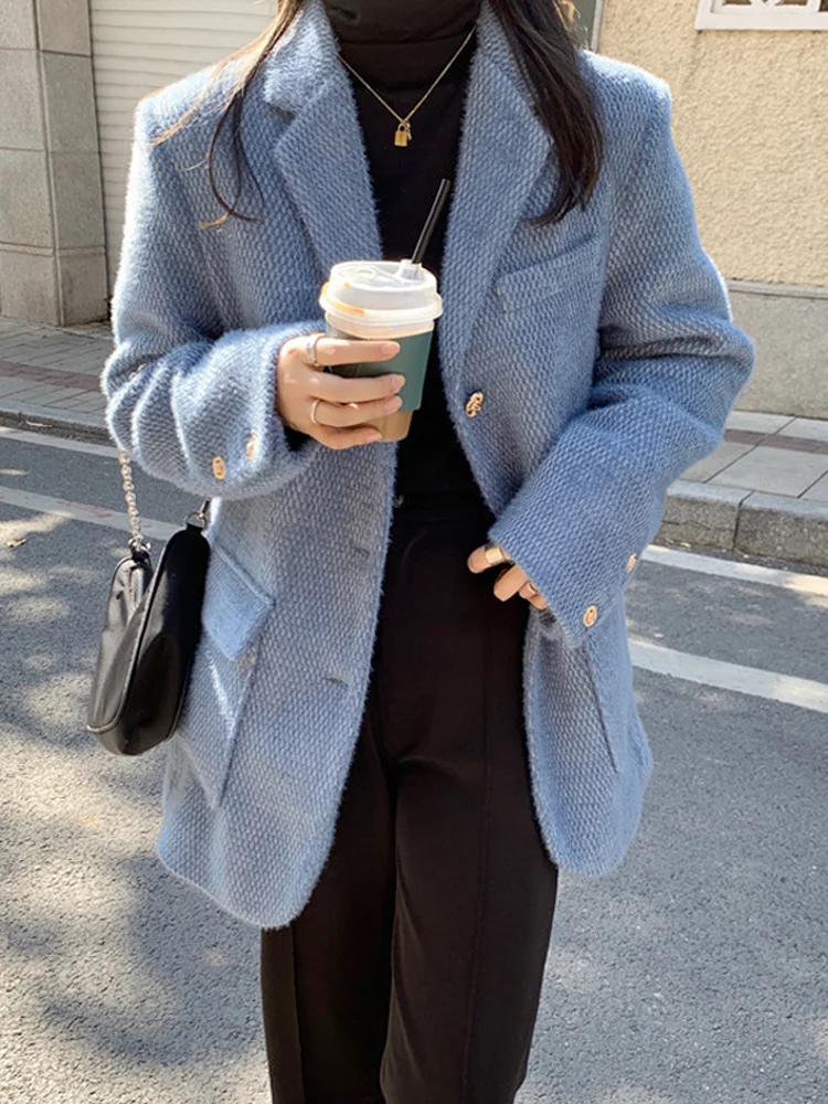 

Женское твидовое пальто, утепленный костюм на осень и зиму, новый дизайн 2021 года, модное синее шерстяное пальто