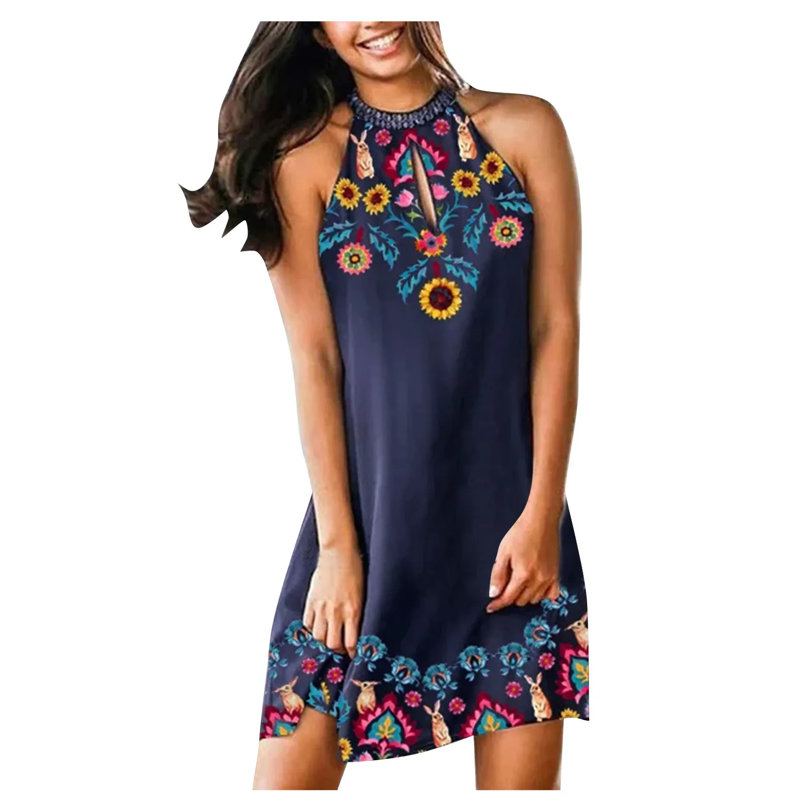 

Mini Dresses Bohemian Sexy Sleeveless Sundress Women Causal Halter Summer Beach Dress casual floral Dresses