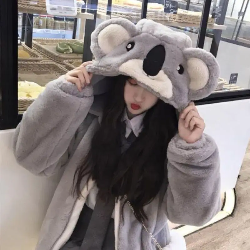 

2020 Winter Korean new cute koala ears hooded lamb fur jacket female students plus velvet thick loose furry jacket cotton coat