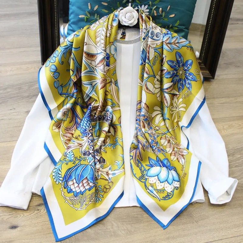 

KMS Silk satin square scarf elegant snow lotus print scarf large shawl 105*105cm/80G