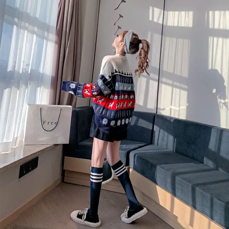 

Cartoon Yarn Dye Lovely Oversized Sweater Korean Winter Clothes Women O-neck Loose Knitwear Coat Colorful Teenage Christmas Tops