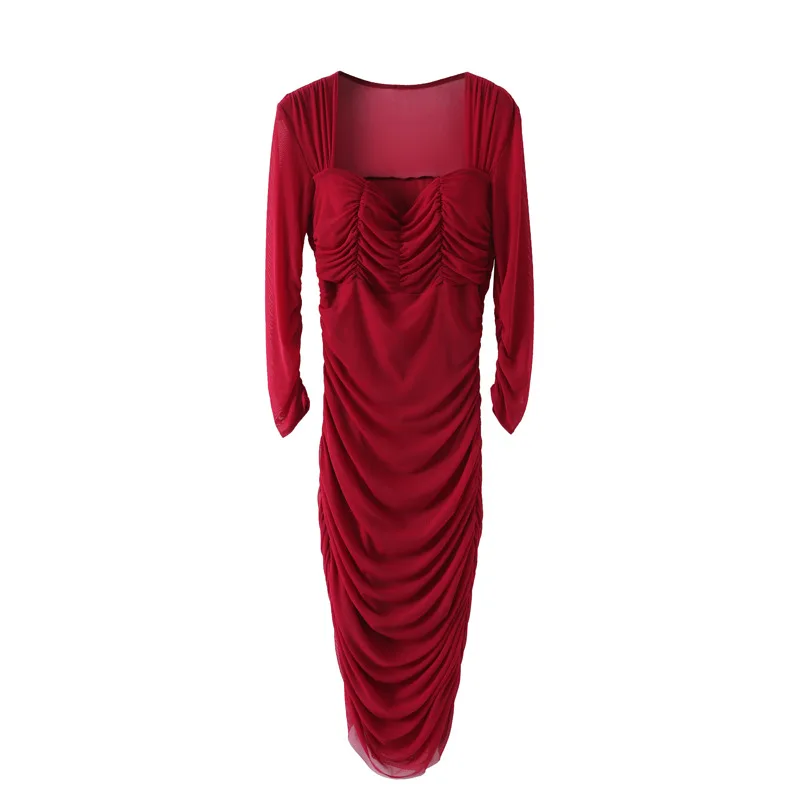 

Double Layer Mesh Sexy Women Pleated Cocktail Dress Bustier 3/4 Sleeves Knee Length Bodycon Elegant Party Club Red Dress Vestido