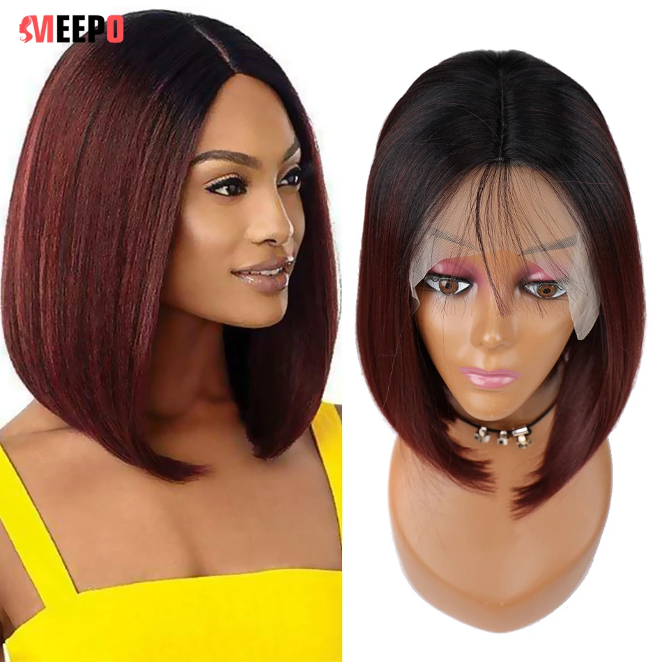 

Meepo 14Inch Short Bob Wigs Human Hair Feeling Middle Part Straight Bob Wig with Baby Hair Wine Red for Black Women Machine Made