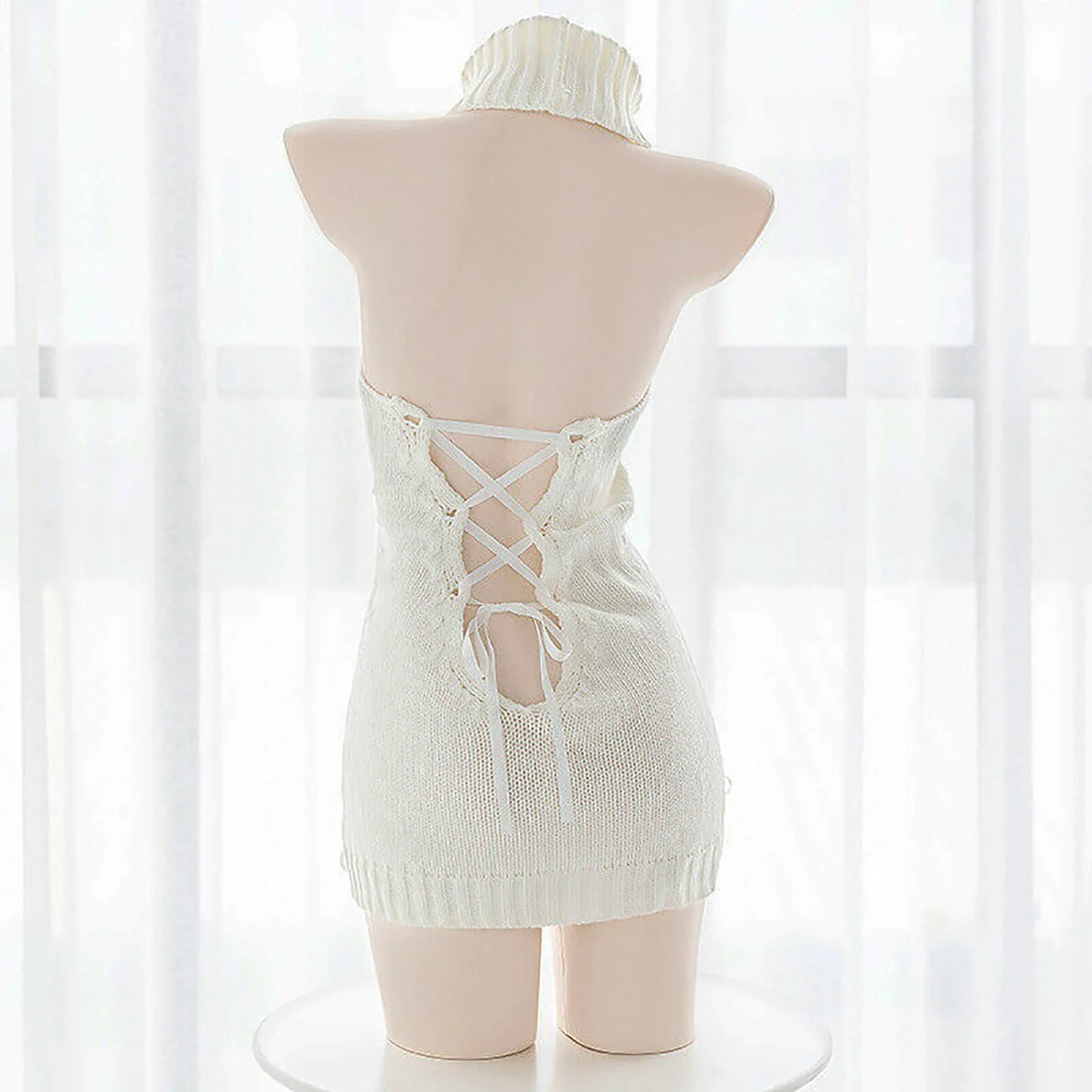 

One Piece Bodysuit Hollow Out Sleeveless Backless Sweater Sweet Sexy Anime Lingerie Women Turtleneck Knitted Pullovers Costume