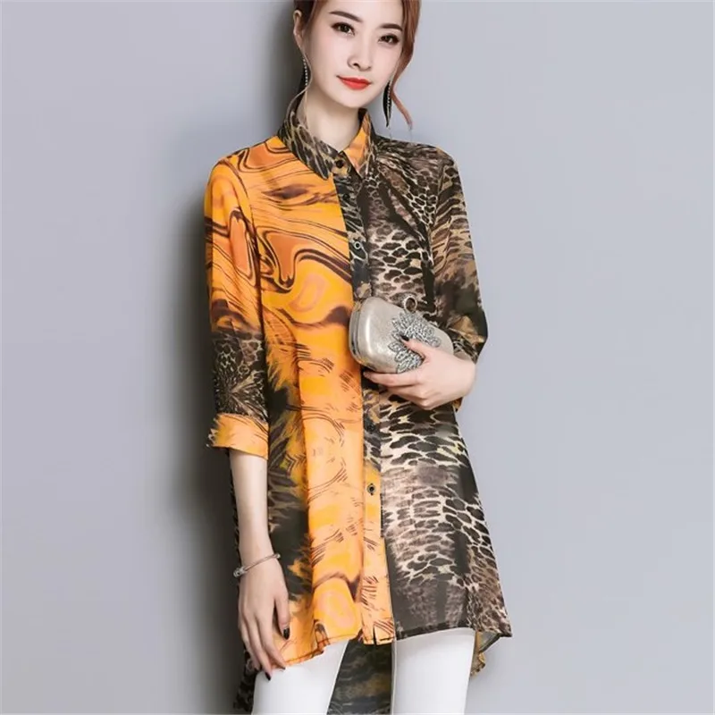 Женская шифоновая блузка с леопардовым принтом Длинная тонкая рукавом 3/4 и