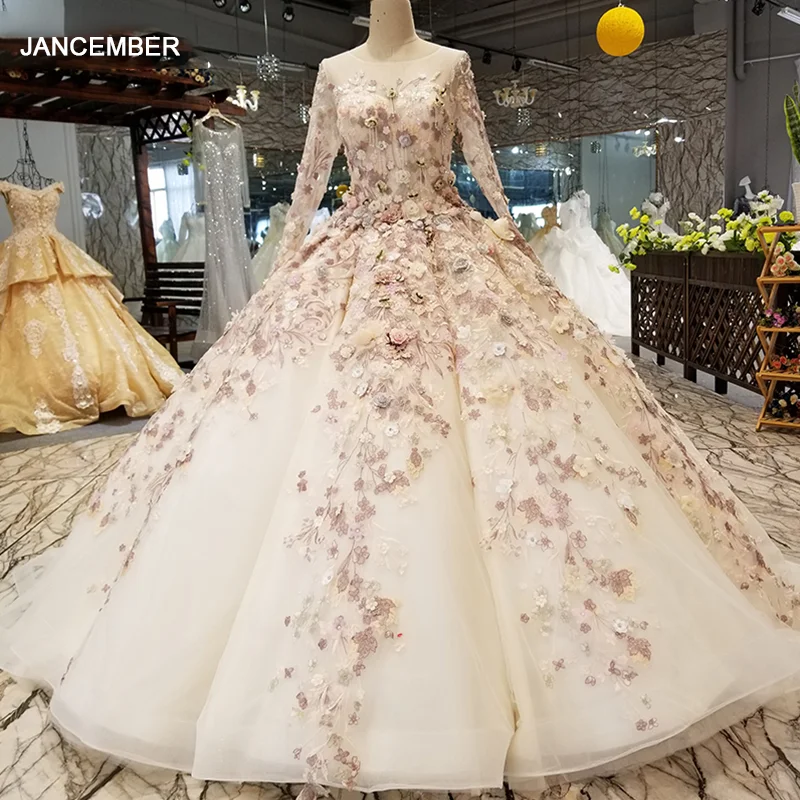 LS3211 luxury dubai evening dress long sleeves o neck 3D flowers floor length ball gown women occasion can make for muslim | Свадьбы и
