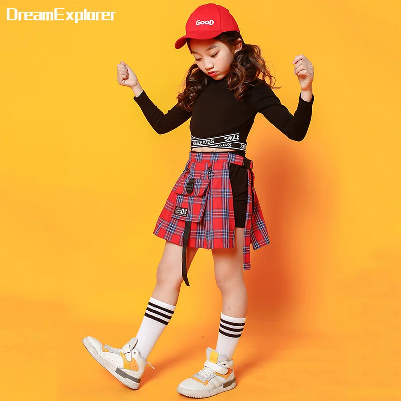 

2 Pcs Sets Girls Crop Top Tartan Mini Skirt Jazz Plaid Culottes Hip Hop Child Clothes Pantskirt Kids Sweatshirt Street Dance