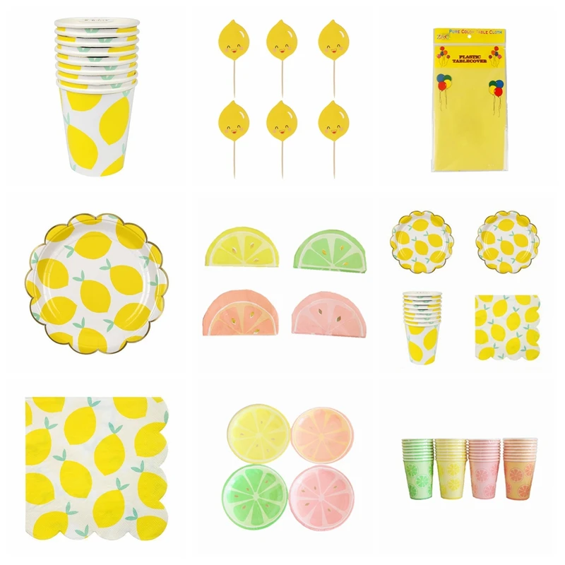 Фруктовые кружки из лимонной бумаги тарелки салфетки столовые приборы костюм