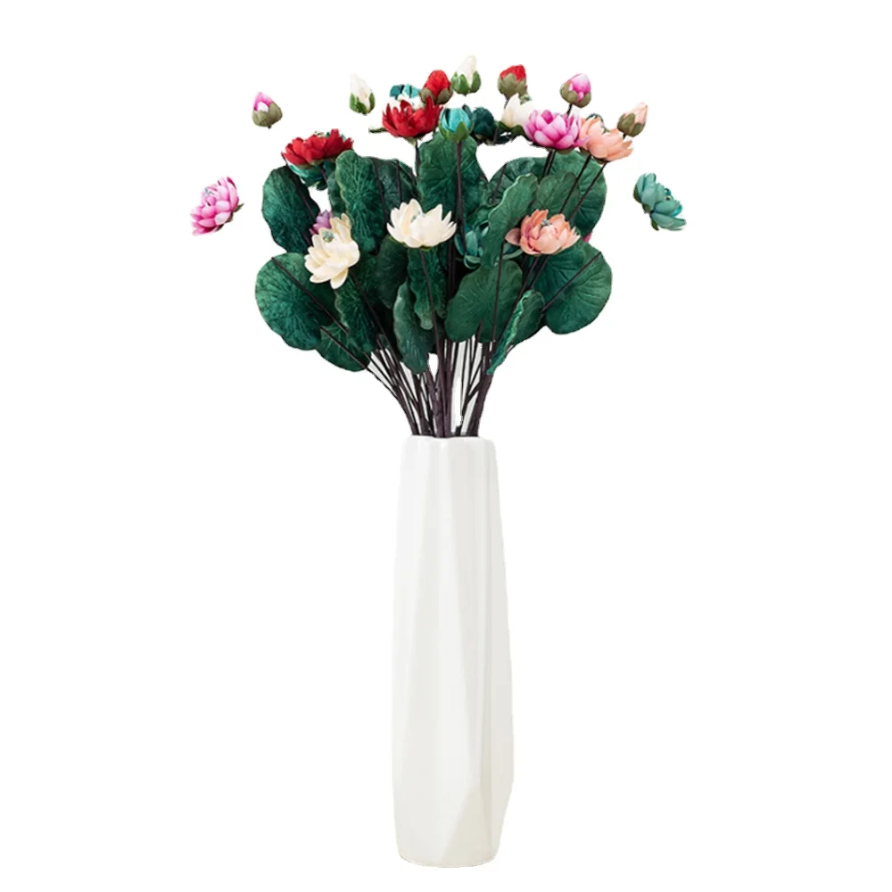 

Simulation Three-headed Guanyin Lotus Long Pole Floor Flower Wedding Hotel Living Room Garden Decoration Display Small Lotus DIY