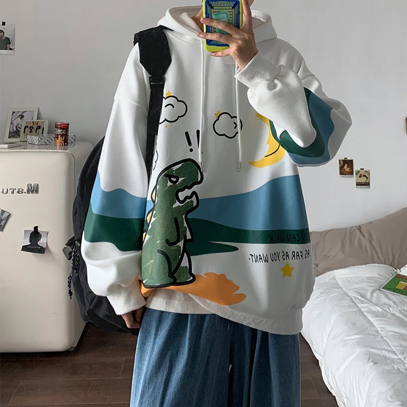 

Men Cartoon Dinosaur Printed Hoodies Long Sleeve Fleece Sweatshirts Mens Winter Hip Pop Hooded oversized Pullovers Men