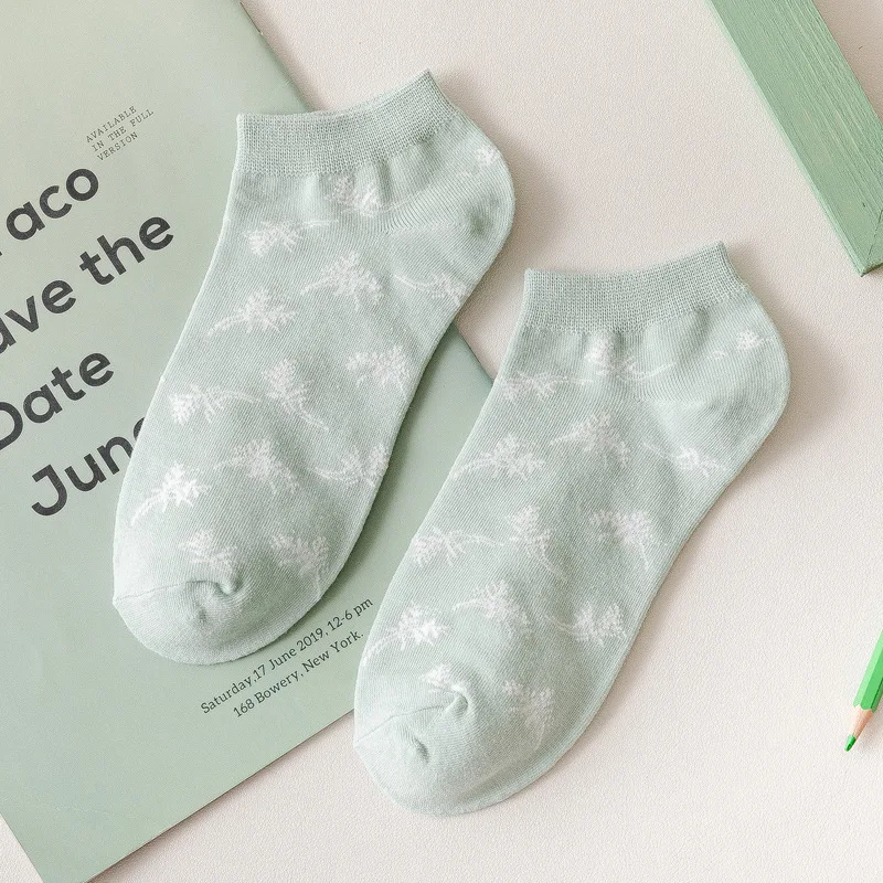 5 Pairs Women's Socks Cotton Green Forest Series Design High Quality Casual Sport Short Kawaii Girl Cute Gift Crew Ankle Socks