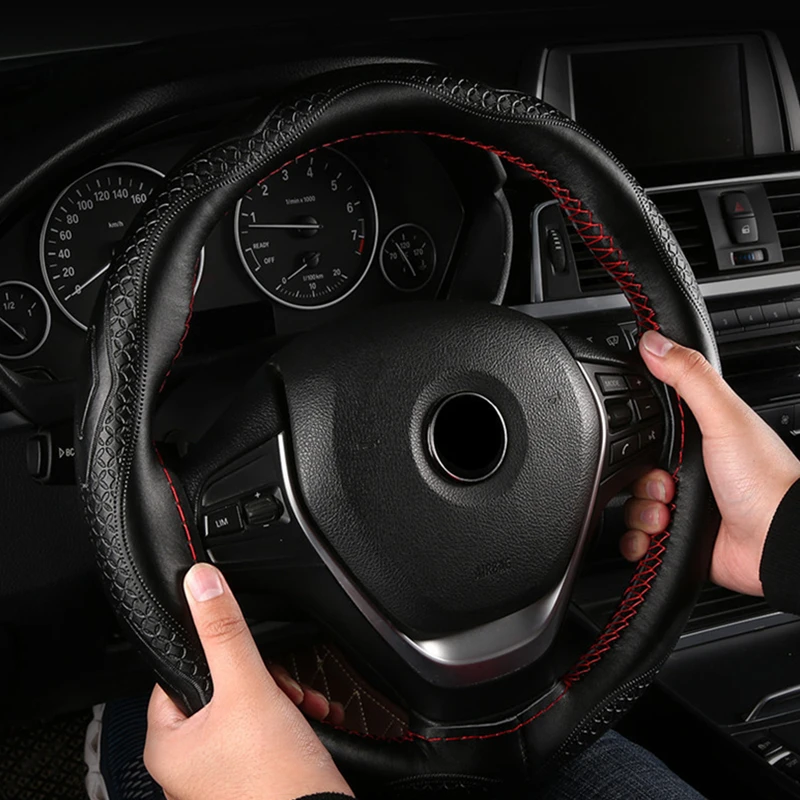 

37-38CM Wheel Cover Genuine Leather Fashion Car Steering Wheel Cover Steering-Wheel Braid With Needle Thread Funda Volante