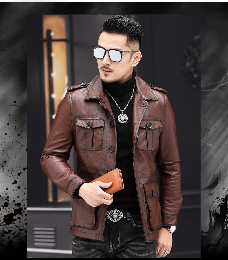 

2020 New Casual Fashion Man Genuine Coat Quality Cowhide Jackets Vintage Leather Jacket