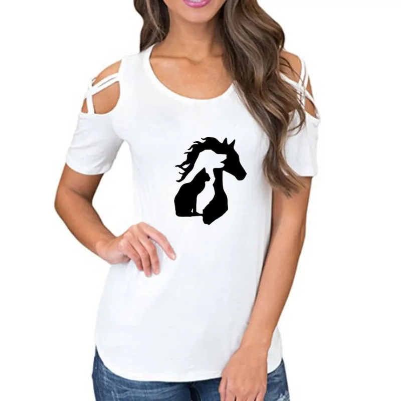 

Fashion T-Shirt For Women Bandage Off Shoulder Horse Light Graphic Printing Large Size T Shirt Tops Girl Cute Summer Drop Ship
