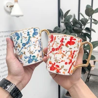 creative hand painted big mugs with gold handle geometry pattern ceramic coffee tea milk cups irregular shape home decor
