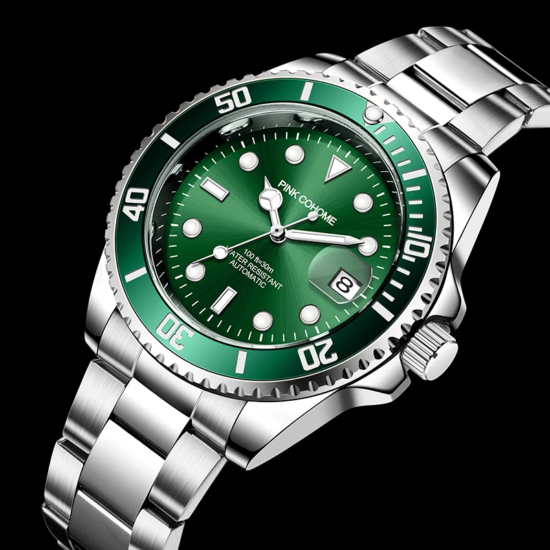 

Men Watch Original Top Brand Green Automatic Waterproof Sports Stainless Steel diver Swimming Wristwatch Reloj Hombre + Box
