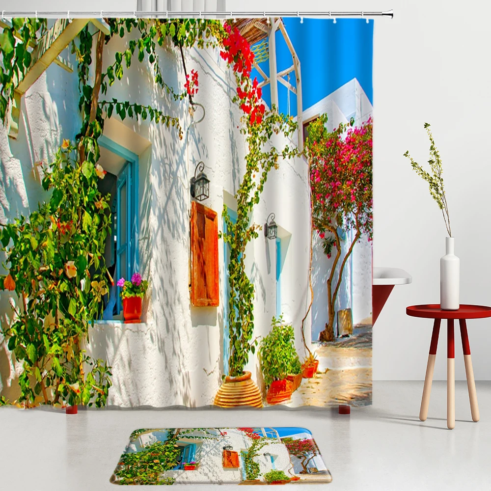 Flower Wall View Shower Curtains Set Green Plants Retro Design Bath Mats Bathroom Rugs Room Decoration Screens Carpet | Дом и сад