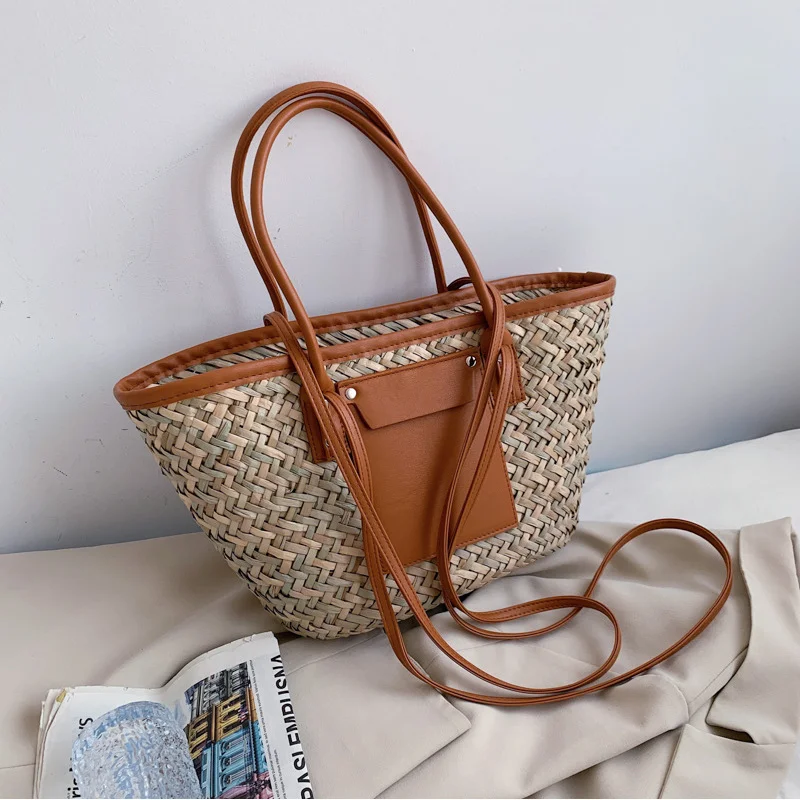 

2021 Женская Роскошная соломенная сумка, дизайнерские сумки, модная женская вместительная плетеная Сумка через плечо в форме корзины