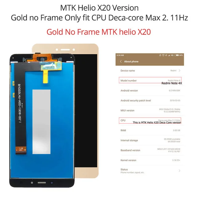 GoldLCD MTKHelioX20 Для 5," Xiaomi Redmi Note 4X Snapdragon 625 и MediaTek MTK Helio X20 версия ЖК-экран+ сенсорная панель - Цвет: GoldLCD MTKHelioX20