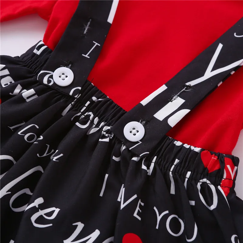 

2 Piece Set Valentine's Day Outfits For Baby Girl Fly Sleeve Round Neck Pullover Tops Letter Print Suspender Skirt 0-4T
