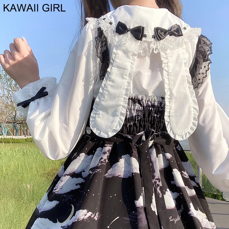 

Lolita Long Sleeve Bunny Ears Shirt Women 2021 Autumn New Sweet Cute Kawaii Lace Bow Girls Chiffon Blouse Lolita All-Match Tops