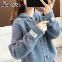 surmiitro knitted hoodies women 2021 autumn winter korean long sleeve sweater hooded sweatshirt female pullover blue knitwear