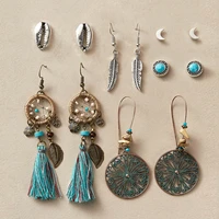 national retro bohemian pendant earrings suitable for womens dream catcher shell feather earrings suit 6 pairs of earrings