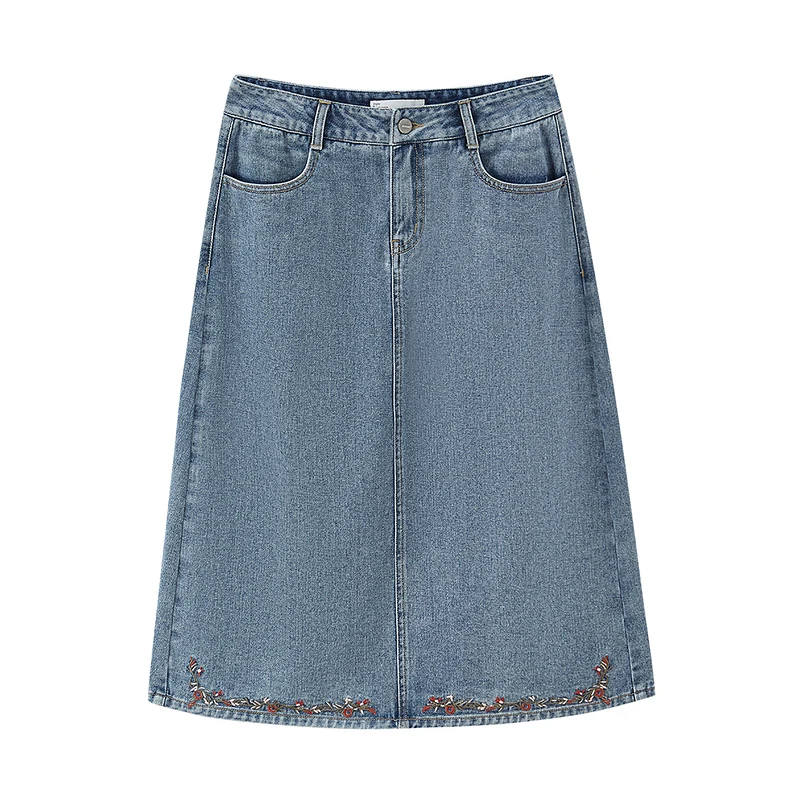 

INMAN Summer Denim Skirt Female Retro Style Distressed Classic High Waist Embroidery Hem All-Match A-Line Lady Jeans Bottom