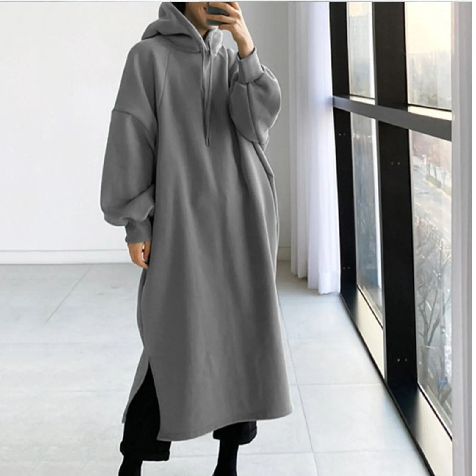 

Women's Super Long Style Winter Dresses Solid Color Casual Streetwear Long Sleeves Hooded Pullover Sweatshirt Dress With Pocket