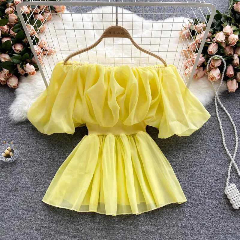 

Scheming Leaky Clavicle Strapless Neck Top Women's Summer Western Style Puff Sleeve Age-reducing Wild Waist Chiffon