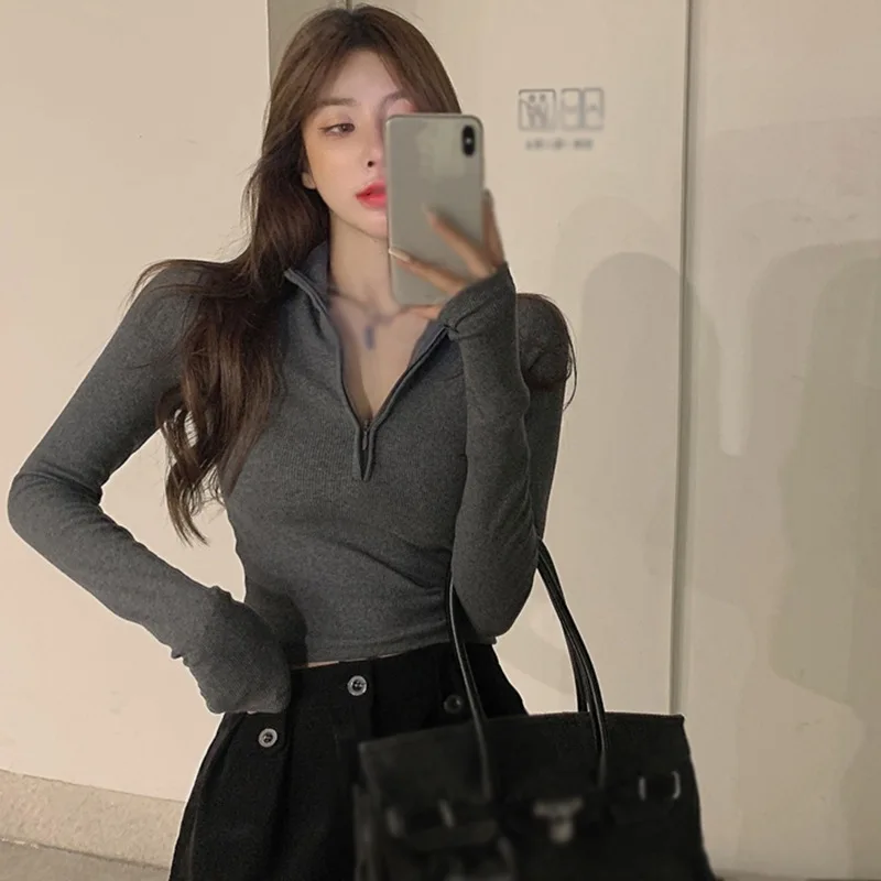 Женская футболка осенняя одежда трикотажные укороченные топы в рубчик с длинным