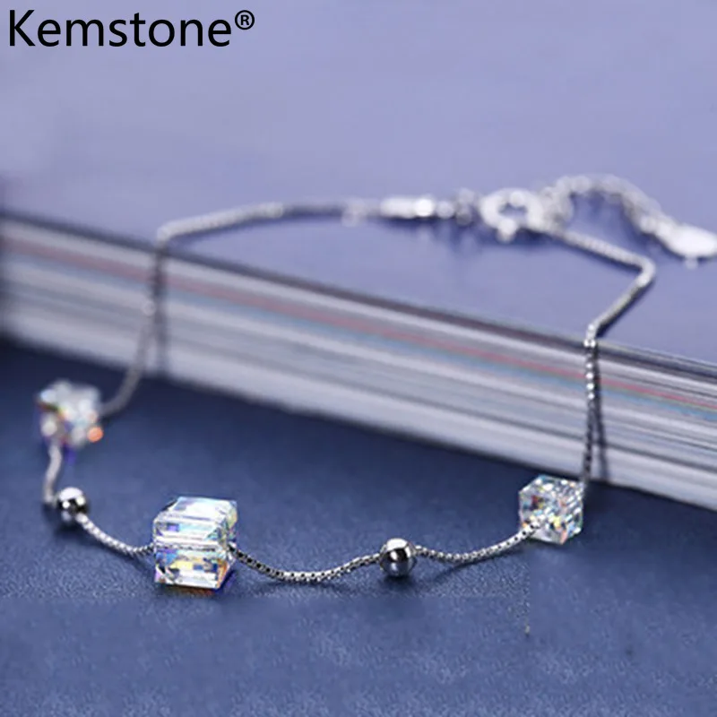 

Kemstone Sweet Austrian Crystal Square Clear Charm Link Bracelet Jewelry Gift for Women