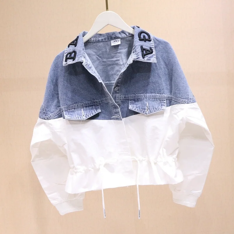 

Женская джинсовая куртка, свободная ветровка в стиле пэчворк, повседневная короткая джинсовая куртка для студенток, верхняя одежда, осень ...