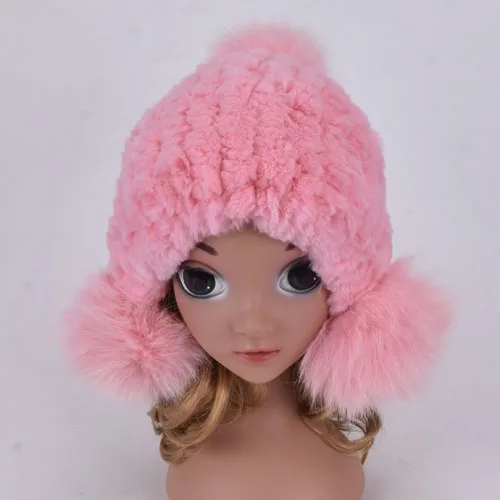 Pink Детские меховые шапки, натуральный мех кролика Рекс, теплые зимние шапки для мальчиков и девочек, меховая шапка, вязаная шапка с заячьими ушками для мамы и ребенка - Цвет: Pink