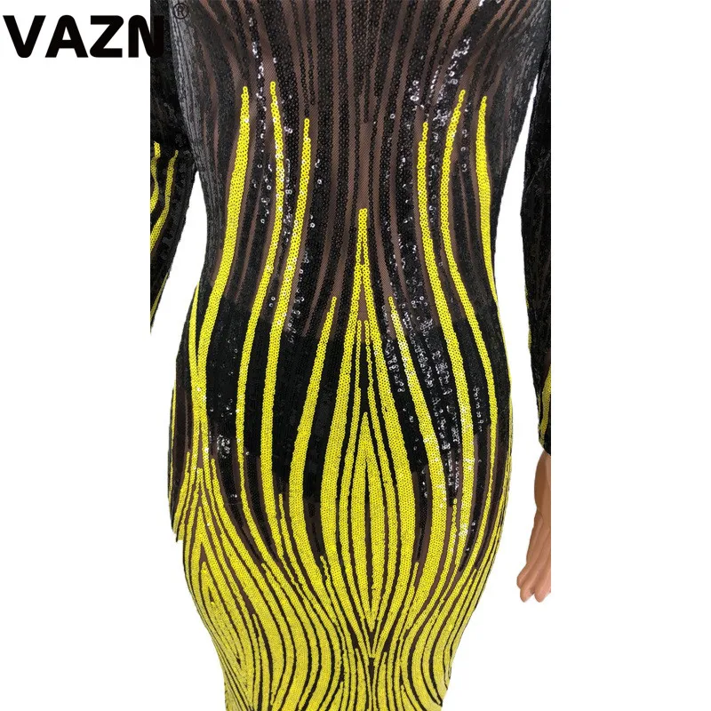VAZN Autumn Open See Through Heavy Industry Sequined Sexy Club Fashion Slash Neck Full Sleeve High Waist Women Thin Maxi Dress