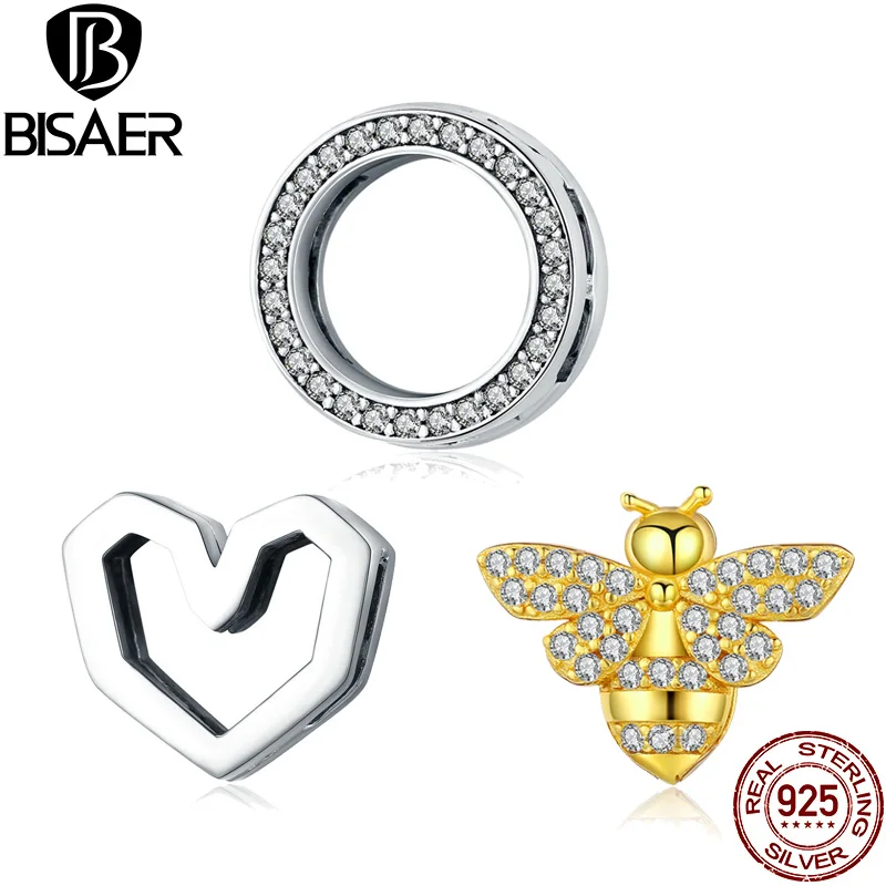 BISAER, 925 пробы, серебряные бусины в виде пчелы, сердце, золотистый цвет, насекомое, пчела, Подвески, подходят для браслетов, сделай сам, серебро, 925, ювелирные изделия, аксессуары