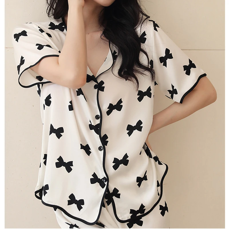 CAIYIER New Luxury White Silk Pajamas Set Summer Women Simple Soft Nightwear Solid Color Fashion Short Sleeve Homewear Suit 2XL