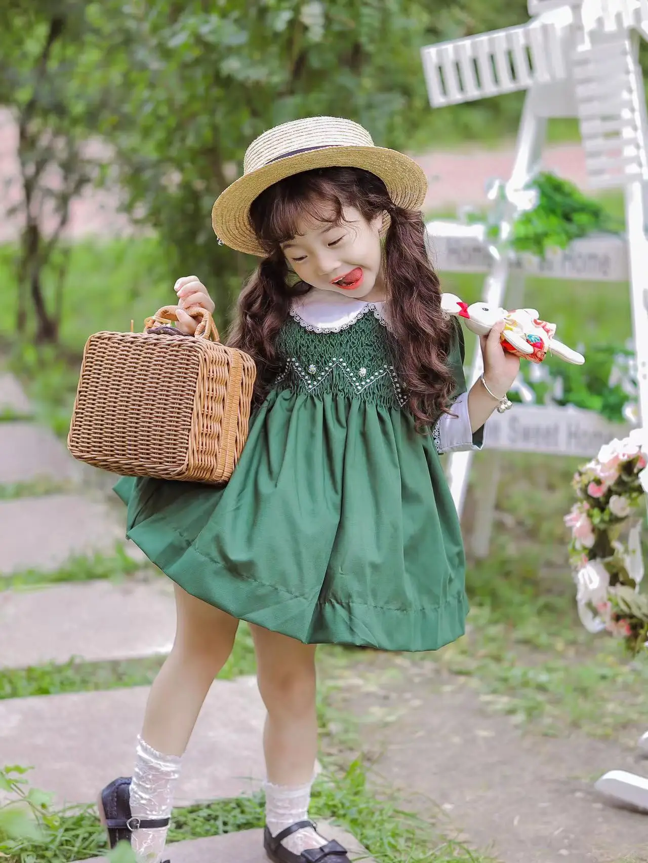 Baby Girls Summer Green Five-quarter Sleeve Vintage Hand-smocking Princess Lolita Dress for  Birthday Party Ball Gown Casual