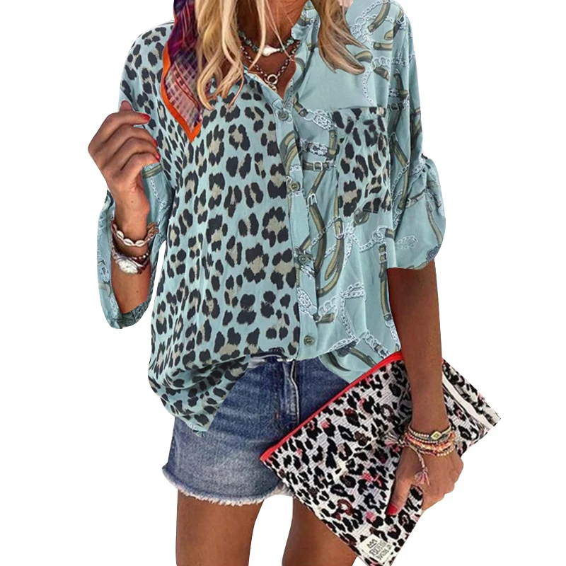 

Women Blouse 2021 Sping Tops Turn-down Collar Long Sleeve Leopard Shirt Loose Plus Size Clothing For Women Ladies Blouses