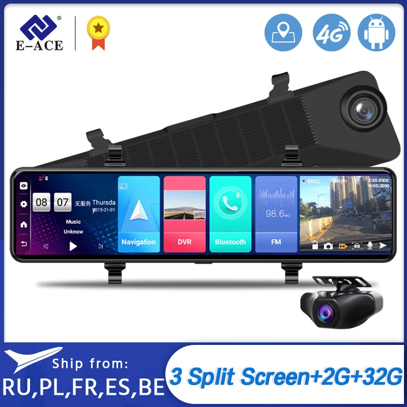E-ACE 12&quot Car DVR Rearview Mirror 4G Android 8.1 Dash Cam GPS Navigation ADAS FHD 1080P Auto Video Recorder Camera WiFi Dashcam |