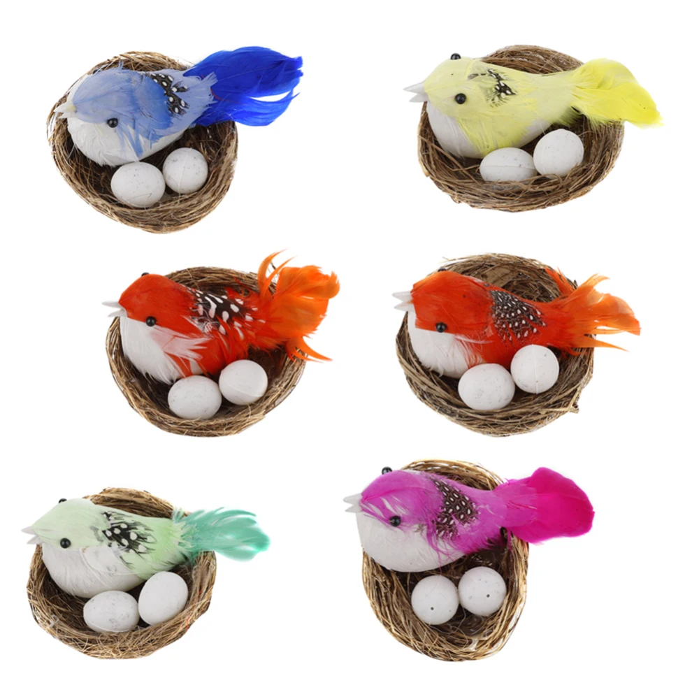 

6Sets Easter Home Party Decor Artificial Nest Bird Eggs Kit Foam Feather Birds Ornaments Crafts