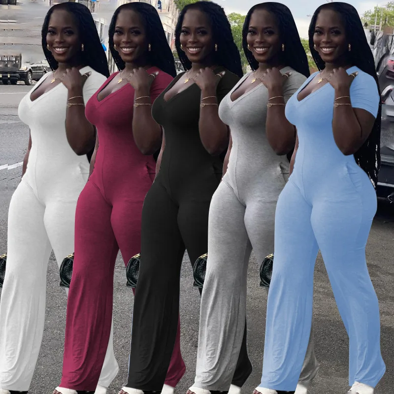 

Plus Size V-neck Short Sleeve Jumpsuit Women Wide Leg Rompers Summer Elegant Skinny Sexy Overalls with Pocket Outfits