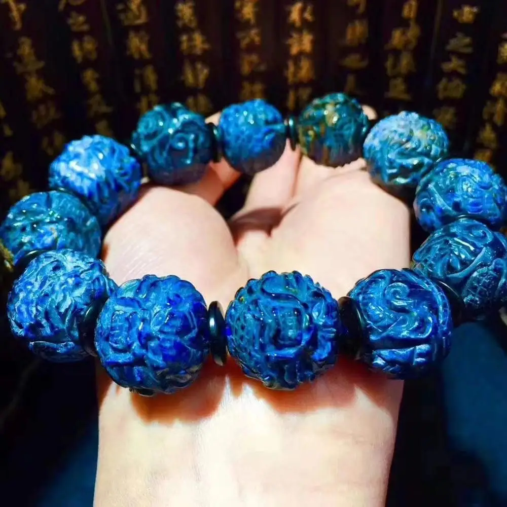 

20mm Natural Blue Pietersite Women Men Carved Round Beads Bracelet Chatoyant Cat Eye Namibia Certificate AAAAA