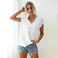 short sleeve elegant shirt sexy button vintage office ladies female casual loose shirts daily commute wear basic tops hot sale