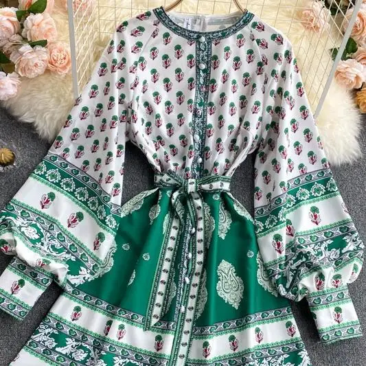 

Women's Casual Lantern Sleeve Single Breasted Short Dress Summer Autumn Streetwear O Neck A Line Dress Ladies Elegant Vestidos