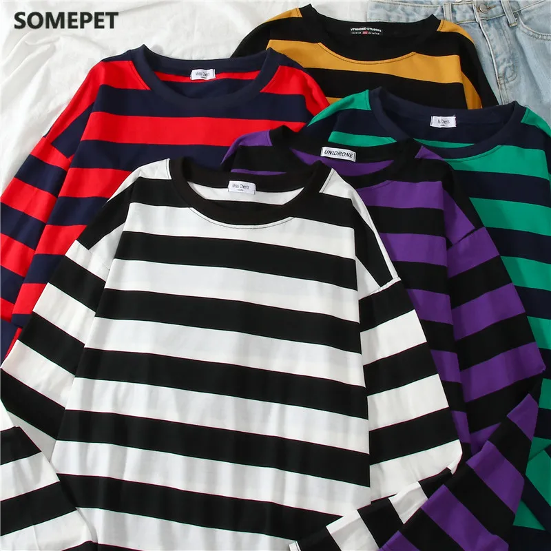 

Женская хлопковая футболка в полоску, с длинным рукавом